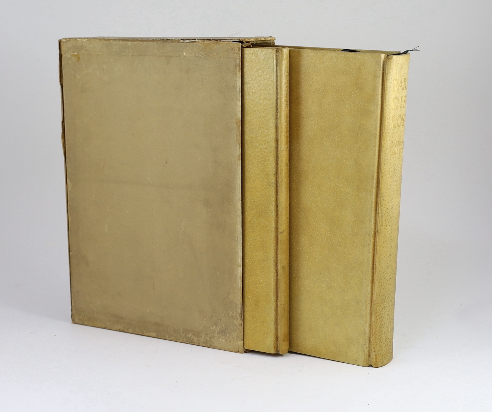 Cresset Press - London - Milton, John - Paradise Lost; Paradise Regain’d, one of 195, 2 vols, 4to, pigskin binding stamped - ‘’Wood of London’’, (Henry T. Wood, established 1875), illustrated with wood-engravings by Deme